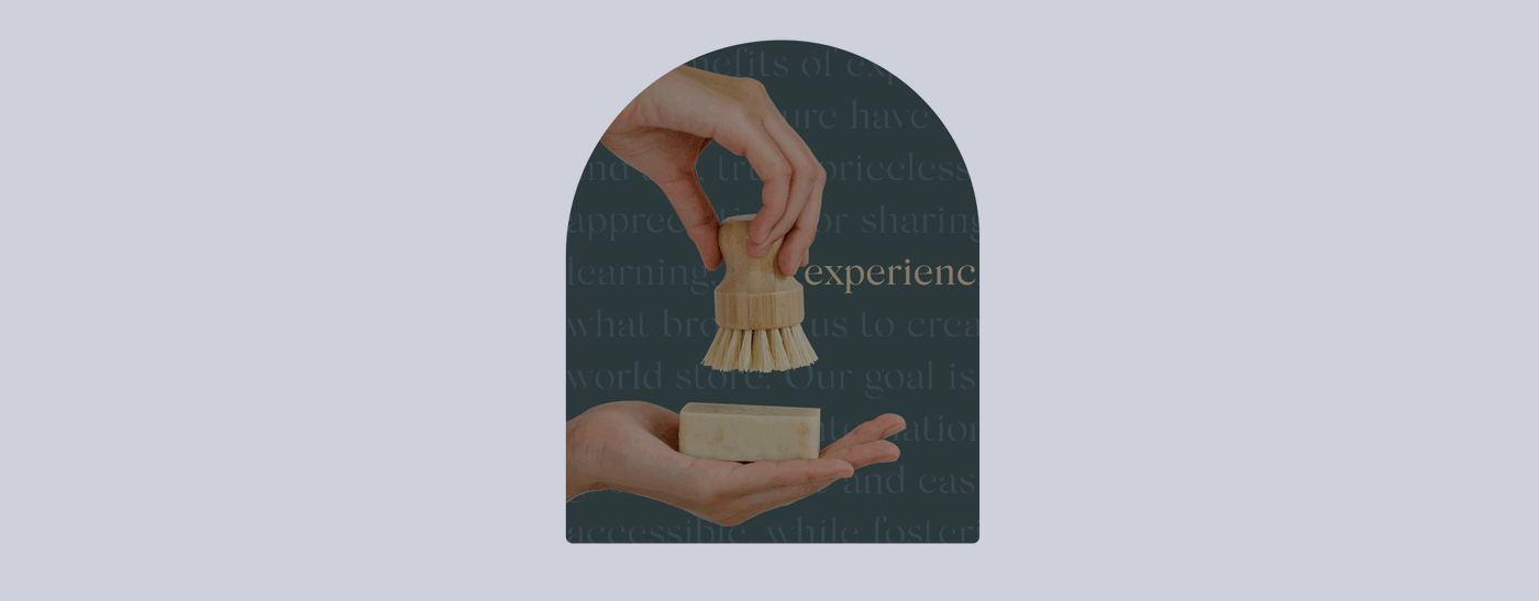 Hands holding a an homemade soap. Words "Learning", "Experience", "World", and "Priceless" are blinking to outline Dispatch's values. The hands and text are in a door shape that represents dispatch bringing rare and high quality products to your doorstep.